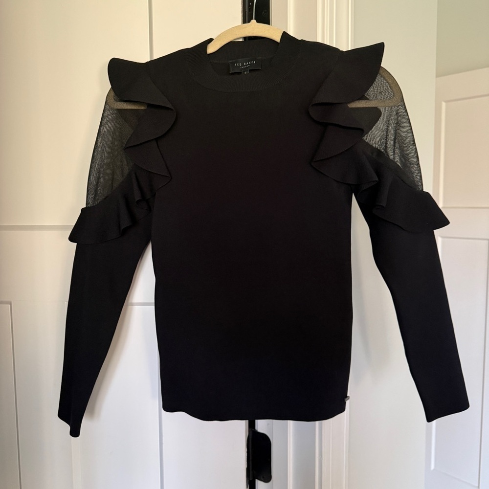 TED BAKER Black Floraas Sheer Shoulders Fitted Knit Top - Picture 4 of 9